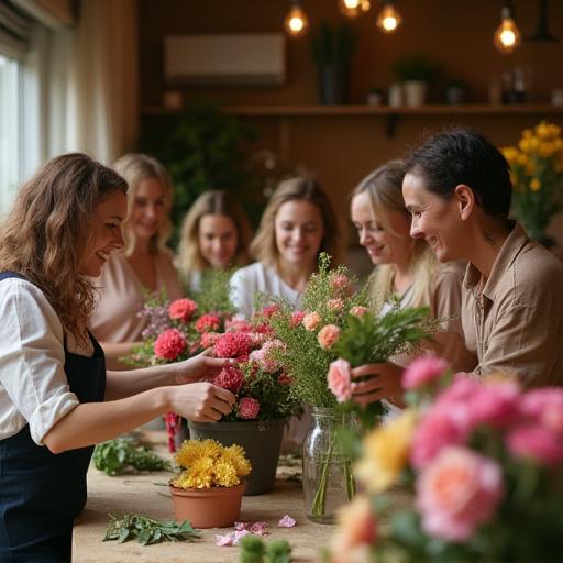 Glada deltagare under en workshop i blomsterbindning.